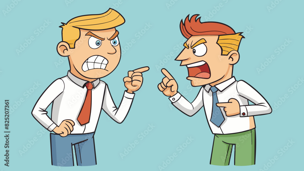 Poster In a heated argument two coworkers stood facing each other their voices raised in frustration. They were both speaking quickly and loudly with pointed. Cartoon Vector.