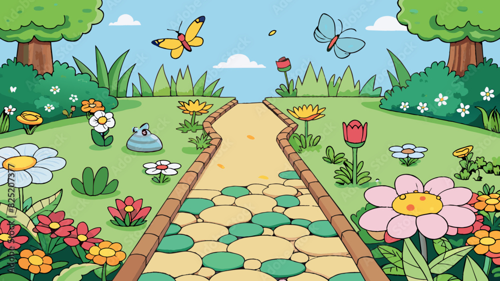 Poster in a garden a variety of blooming flowers create a colorful and fragrant display. butterflies flit f