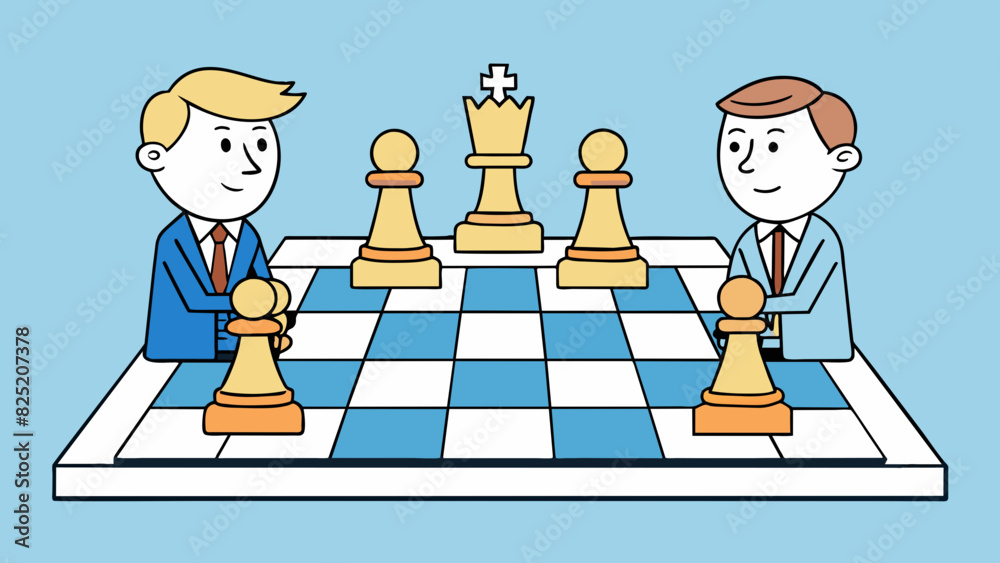 Sticker In a game of chess both players have six pawns lined up on either side of the board. The sides of these pawns are rectangular and tall with a pointed. Cartoon Vector.