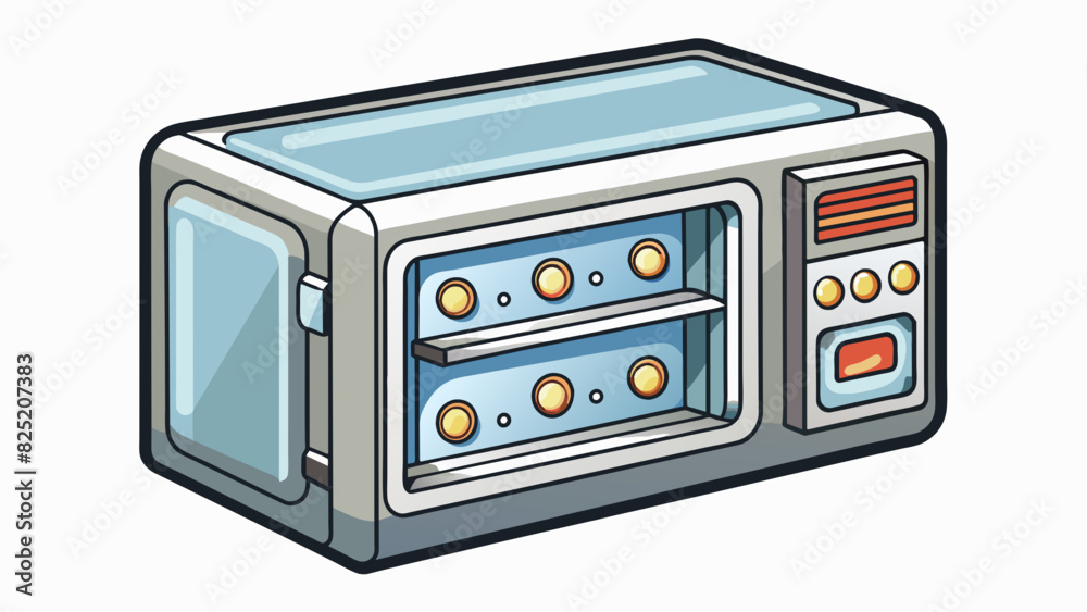 Poster In a kitchen you can usually find a rectangular appliance with a glossy silver exterior. Its front is adorned with a series of buttons and inside. Cartoon Vector.