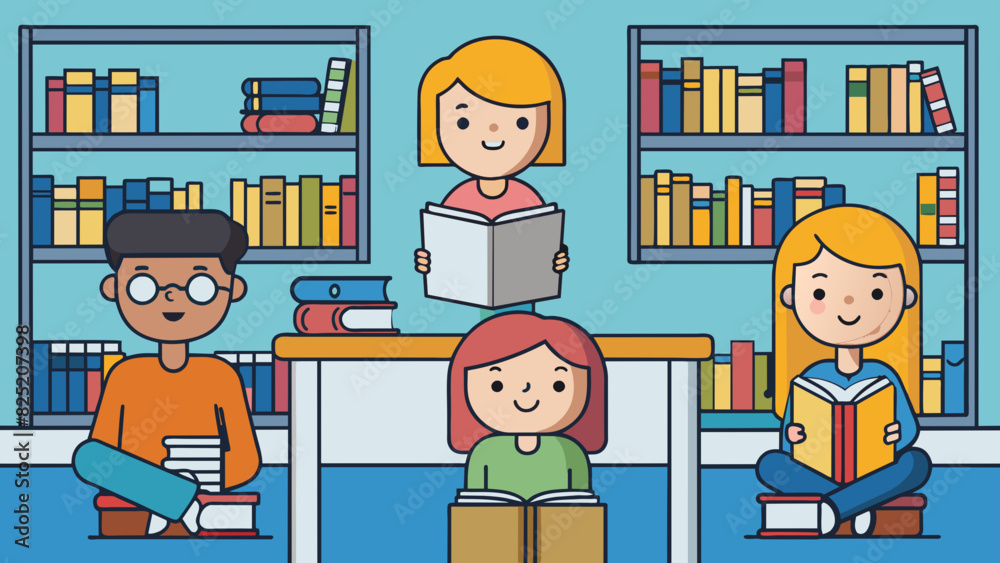Poster In a library people speak quietly and refrain from disruptive behavior out of consideration for others who are studying and reading.. Cartoon Vector.
