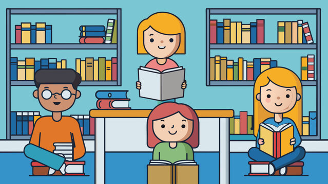 In a library people speak quietly and refrain from disruptive behavior out of consideration for others who are studying and reading.. Cartoon Vector.