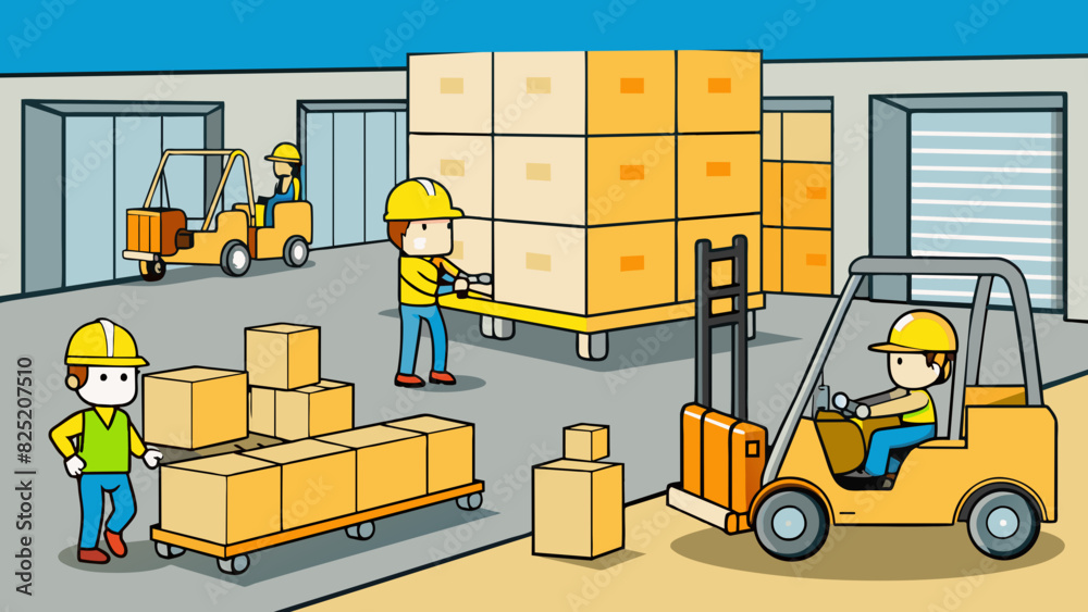 Poster in a warehouse rows of stacked wooden crates sit next to large metal forklifts. workers wearing brig