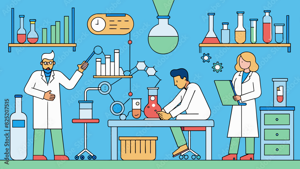 Poster Inside a laboratory scientists are diligently working on experiments and testing equipment. Beakers test tubes and microscopes sit neatly on lab. Cartoon Vector.