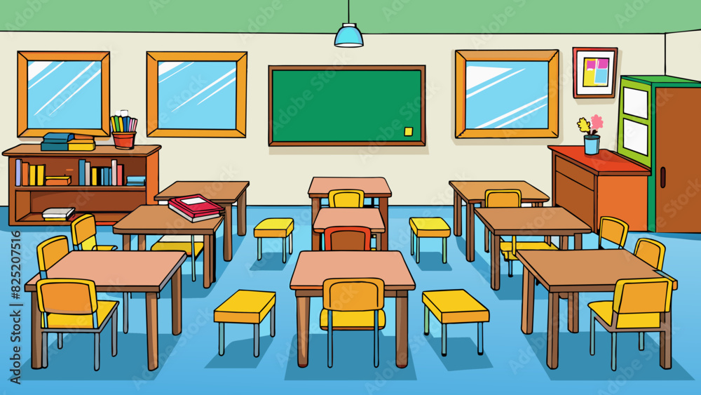 Poster In most classrooms you will find desks chairs a whiteboard and shelves for books. These objects are used for learning and teaching and may vary in. Cartoon Vector.