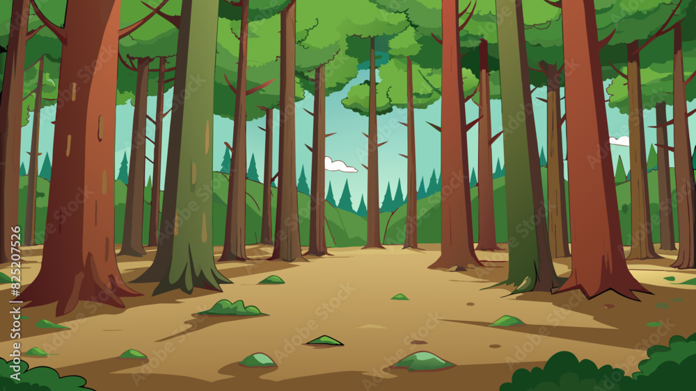 Poster Inside a dense forest the tall emeraldgreen trees block out most of the sunlight. The forest floor is covered in a thick layer of fallen leaves and. Cartoon Vector.