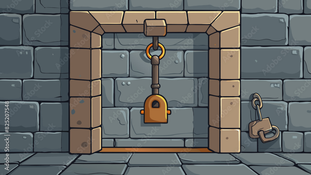 Poster Inside the dimly lit dungeon Jack was a rusty key hanging from a hook on the stone wall. He had a jagged edge and a worn handle but his unique shape. Cartoon Vector.