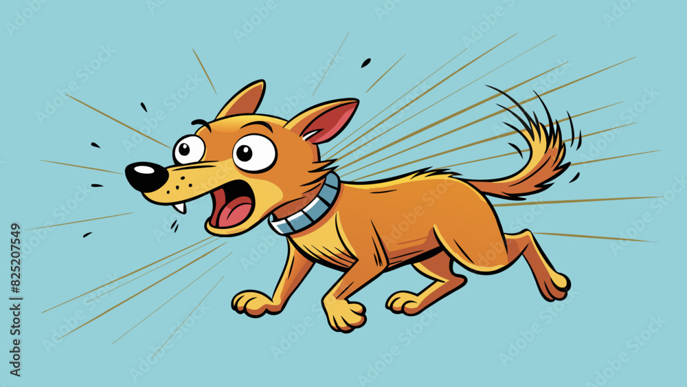 Poster In response to the loud noise the dog barked incessantly and began running towards the source of the sound. Its coat was short and brown and its tail. Cartoon Vector.