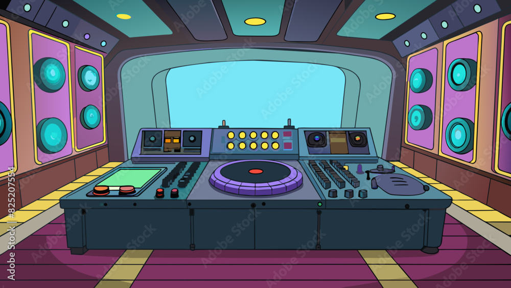 Poster Inside the club there is a long sleek DJ booth with flashing LED lights and a powerful sound system. The DJ is surrounded by a multitude of buttons s. Cartoon Vector.