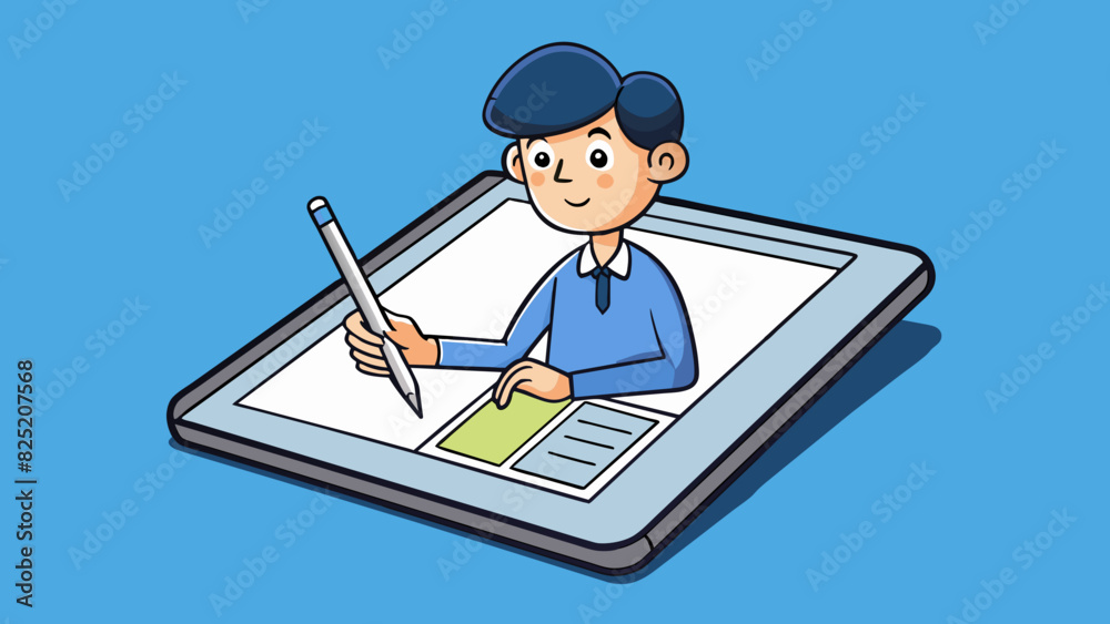 Poster Instead of using a pen and paper to take notes she pulled out a sleek black tablet and a stylus effortlessly jotting down important information.. Cartoon Vector.