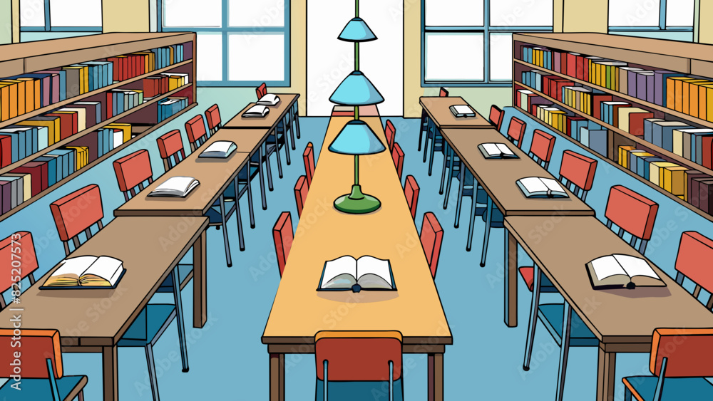 Aufkleber Inside the library there are rows of long wooden tables with comfortable chairs arranged in front of them. Each chair has a soft cushion and an. Cartoon Vector.