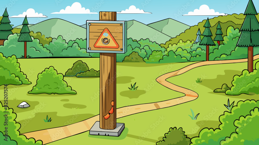 Poster inside a park a tall metal post with a wooden board attached to it stands out a the lush green trees