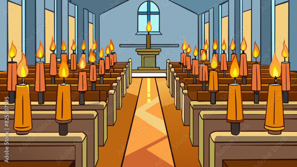 Poster inside the church rows of flickering candles line the walls casting a warm and peaceful glow. the sc
