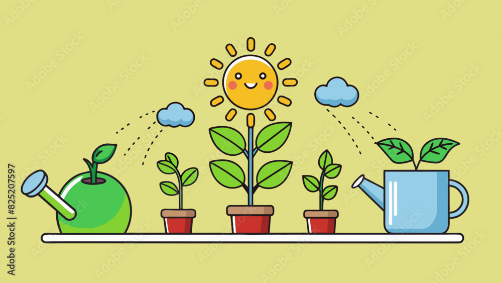 Poster In order to maintain a healthy plant it needs to be watered and given appropriate amounts of sunlight and nutrients each day.. Cartoon Vector.