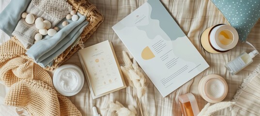 Maternity Clinic Welcome Kit Mockup with Informational Brochures and Baby Care Samples on Blanket - Perfect for Print, Cards, and Posters