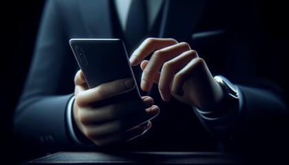 Businessman using smartphone in dark office. Close-up of hands with phone, professional watch, and suit. Concept of business communication, technology, and professionalism