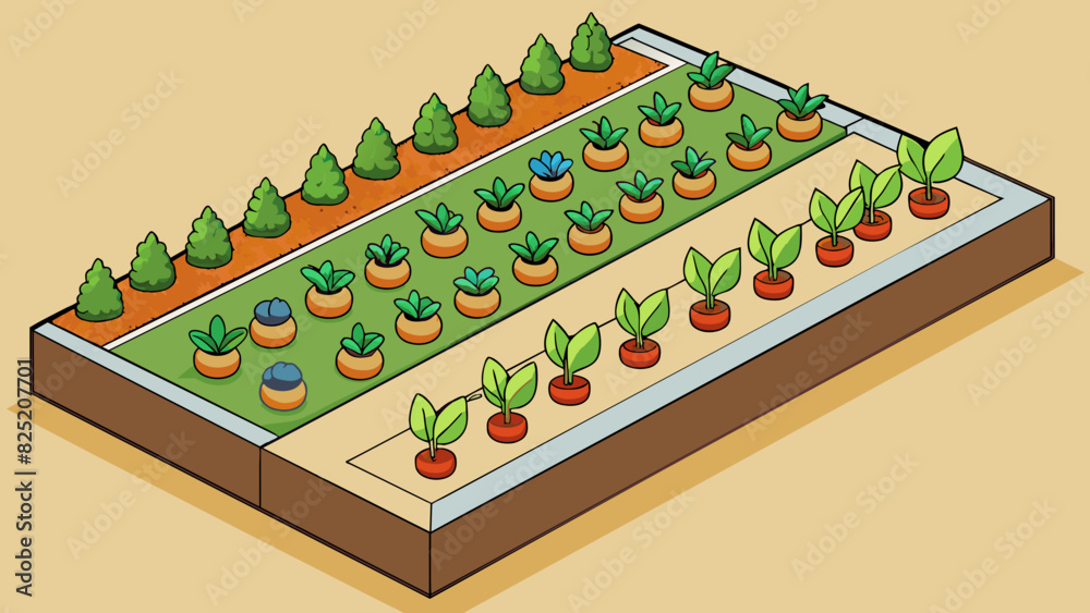 Poster in the fourth illustration there is a small garden with rows of neatly planted vegetables. this repr