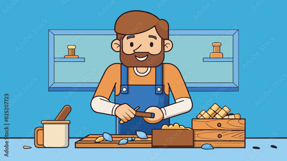 Poster In the living room a man in a faded blue denim apron stands at the workbench surrounded by tools and scraps of wood. With a focused expression he. Cartoon Vector.