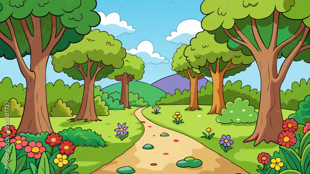 Poster In the garden there was a hidden path that led within a grove of lush leafy trees. Within wildflowers bloomed in vibrant colors and a small stream. Cartoon Vector.