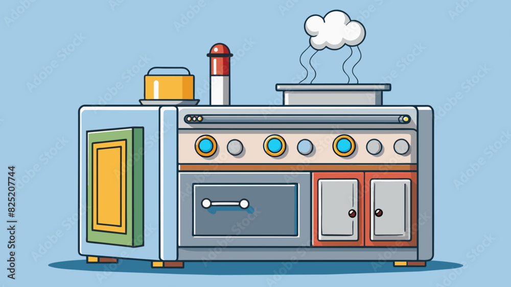 Poster In the kitchen there was a large metallic appliance that had a rectangular shape and several s and buttons on the front. Steam was billowing out from. Cartoon Vector.