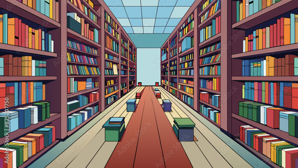 Poster in the institutions library rows of towering bookshelves stretched from floor to ceiling. the shelve