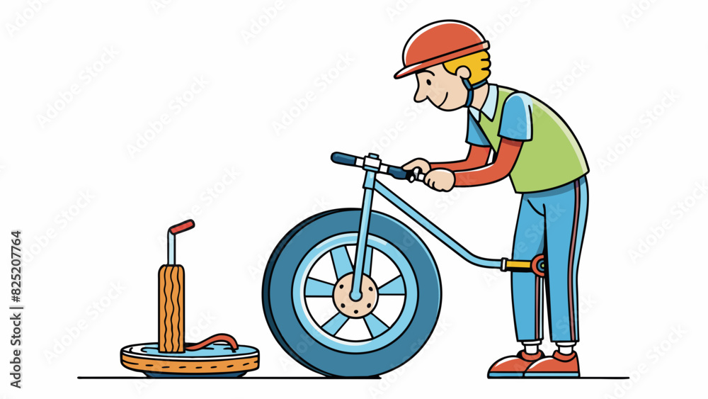 Poster In the second illustration a person is using a bicycle pump to inflate a tire. As they push down on the handle the air inside the pump is compressed. Cartoon Vector.