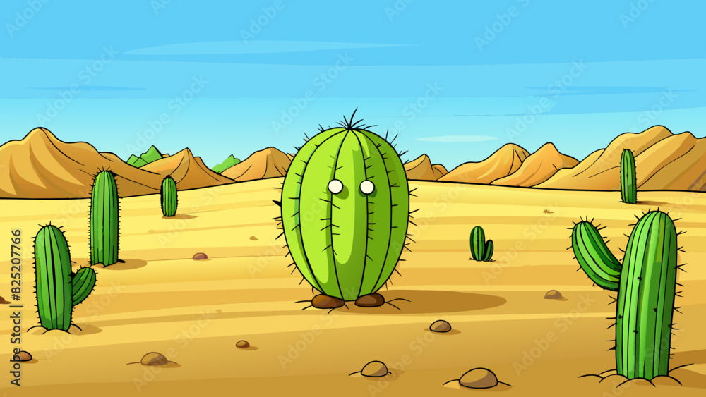 Poster In the middle of the vast desert a lonely cactus stands tall and proud its round plump body covered in sharp needles as a form of protection.. Cartoon Vector.