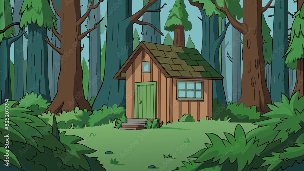 Poster in the midst of a dense forest a cabin stands alone. its exterior is weathered and overgrown with vi