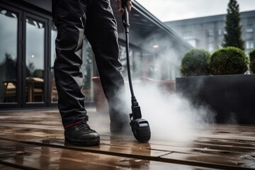 Obraz premium Man cleaning wooden terrace floor with high pressure cleaner for thorough maintenance