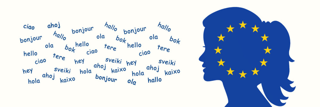 European languages, word hello in different language spoken in Europe, concept of multilingual business and community, multilingualism in the EU