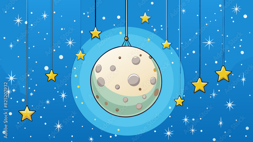 Poster Later is when the moon rises hanging in the sky like a bright shining pearl. The stars join in creating a sparkling blanket of constellations. Cartoon Vector.