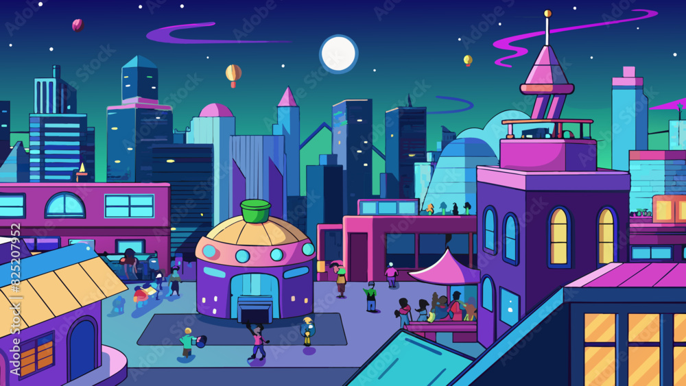Poster Later is when the busy city slows down and the hustle and bustle comes to a halt. The neon lights of buildings and billboards start to flicker on. Cartoon Vector.