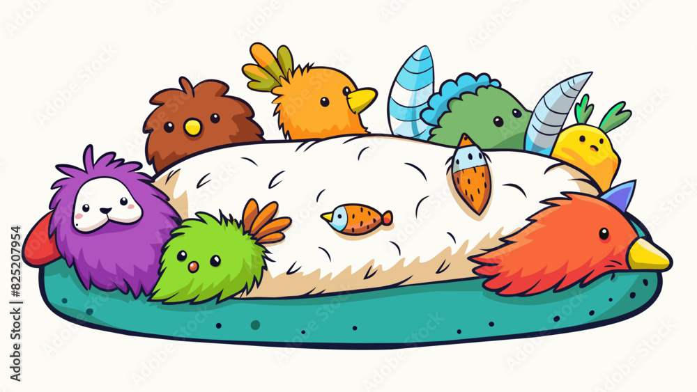 Poster Let is a soft fluffy pillow with a colorful cover featuring different animals. It is filled with feathers and has a smooth texture. It provides a. Cartoon Vector.