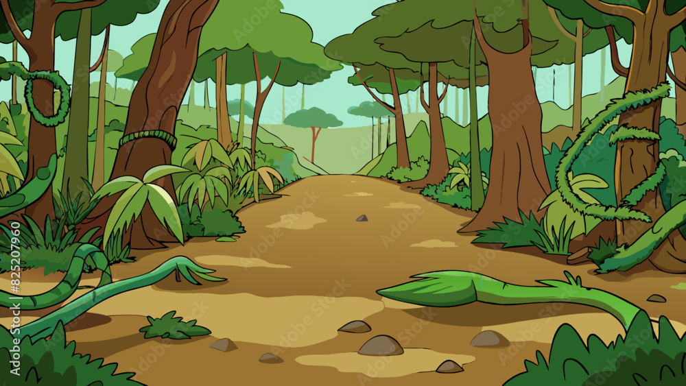 Poster Level 7 A dense jungle with thick vegetation and towering trees. The ground is muddy and difficult to navigate and there are vines and roots snaking. Cartoon Vector.
