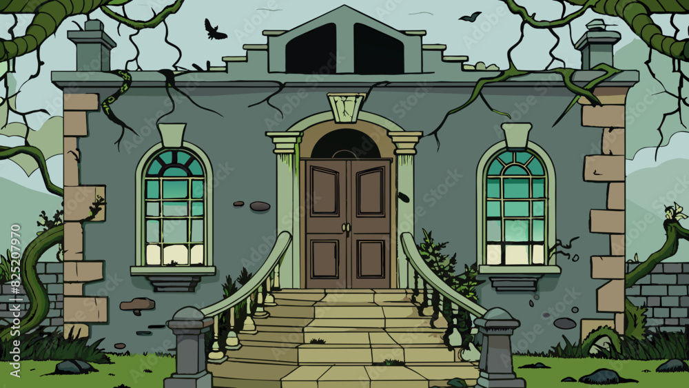 Aufkleber level 3 a creepy abandoned mansion with broken windows and overgrown vines creeping up the walls. th