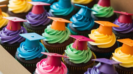 A box of colorful cupcakes with miniature graduation hats on top. Celebration and treats for graduates. - Powered by Adobe