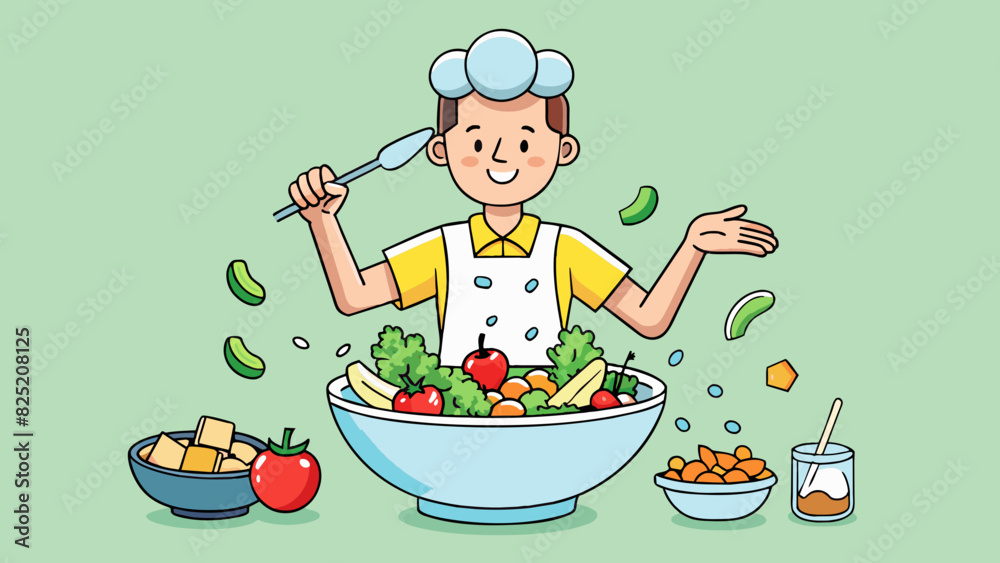 Poster Making a Salad Cut various fresh vegetables and fruits into small uniform pieces and toss them with crisp lettuce leaves in a large glass bowl. Cartoon Vector.