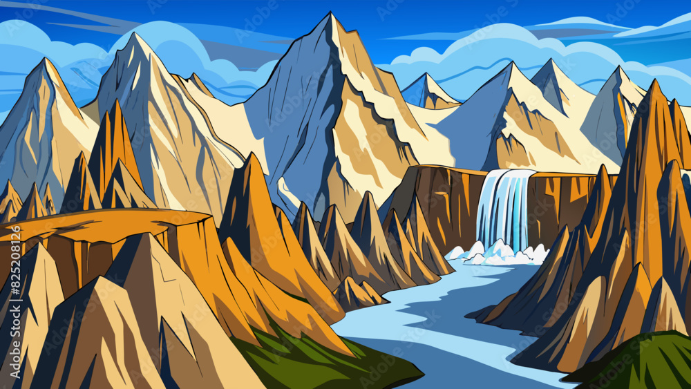 Poster Majestic Mountains A majestic mountain range covered in snow and rising into the clouds. The peaks are sharp and angular casting dramatic shadows on. Cartoon Vector.