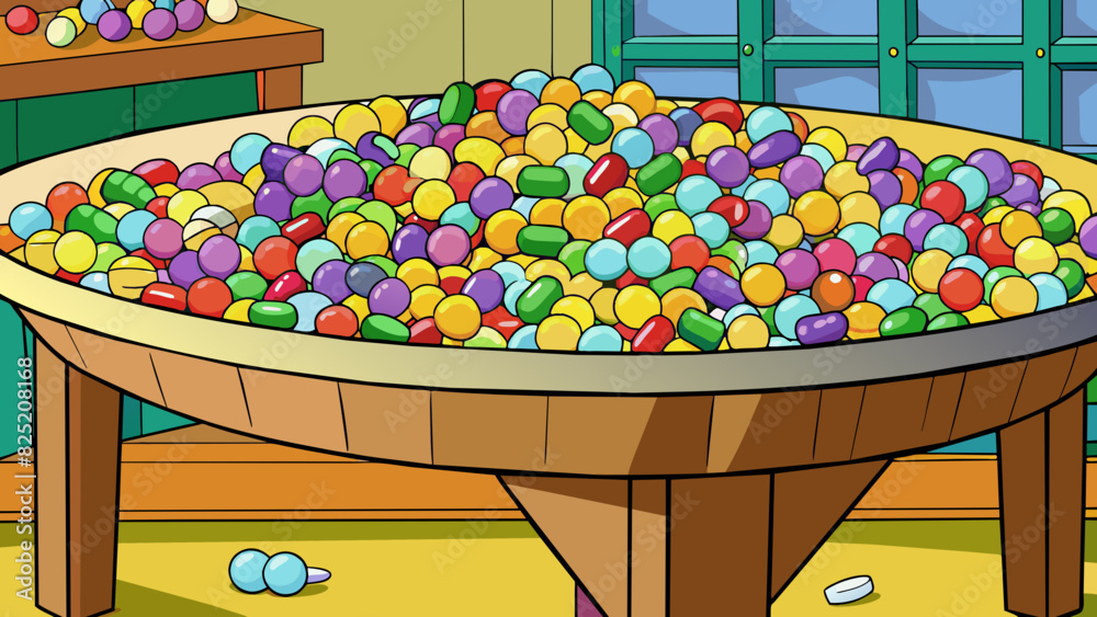 Poster Much refers to a large quantity or amount of soing. Imagine a table overflowing with colorful candies that is much candy.. Cartoon Vector.