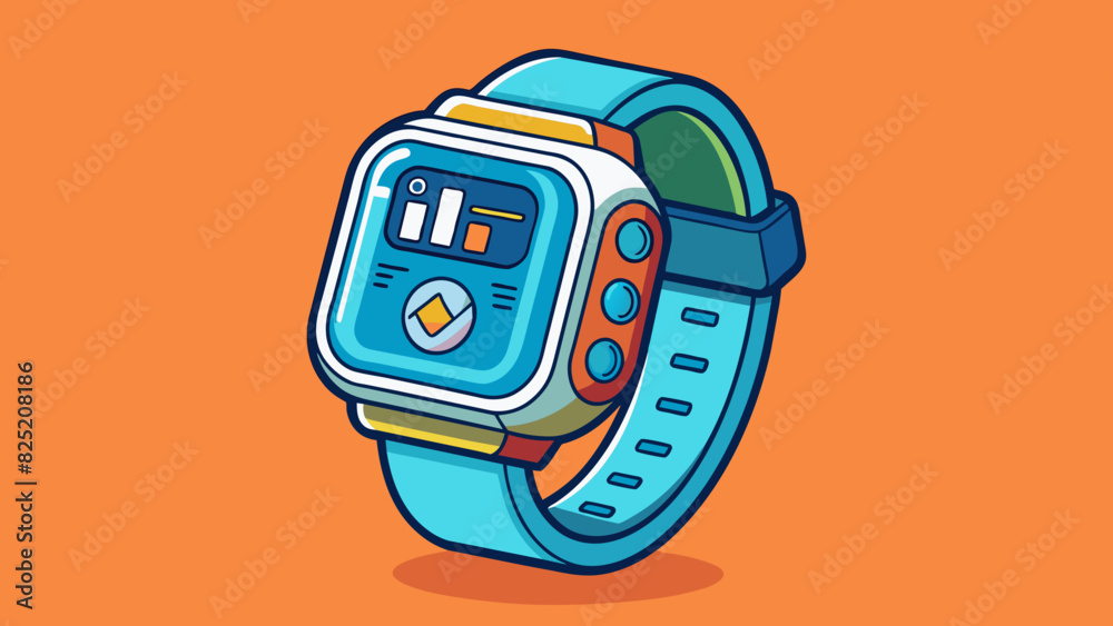 Poster Next is a futuristic watch with a digital display and touch screen interface. It has a durable waterproof casing and can track fitness and health. Cartoon Vector.