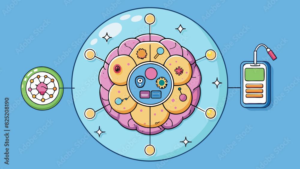 Poster Nucleus The control center of the cell resembling a brain responsible for storing genetic information and regulating cell activities.. Cartoon Vector.
