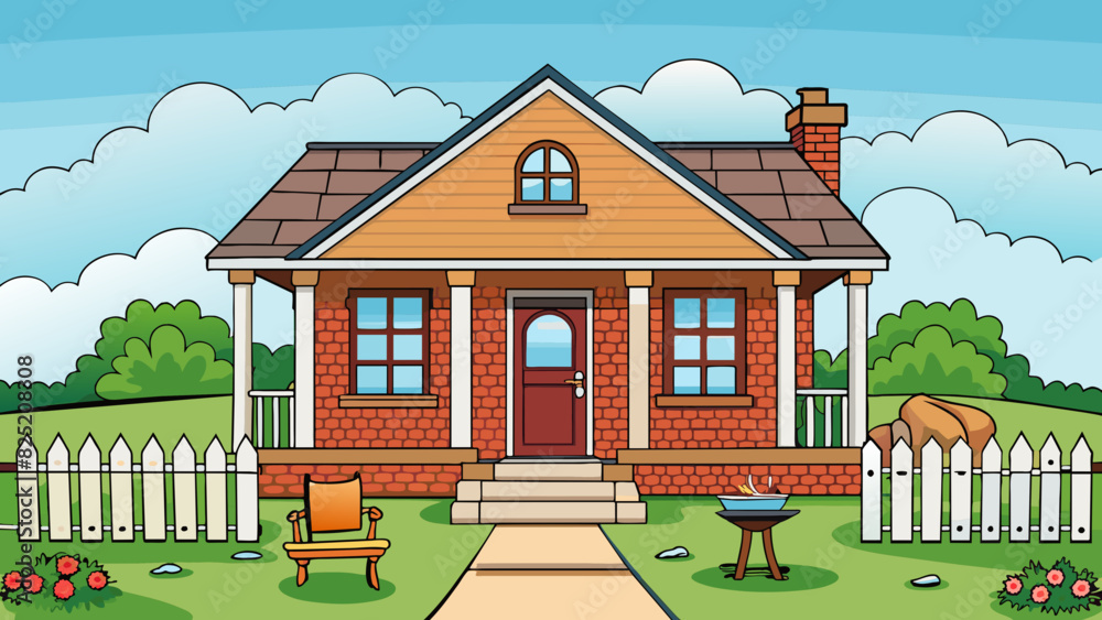 Poster one build is a traditional brick house with a white picket fence. it has a front porch with a swing 