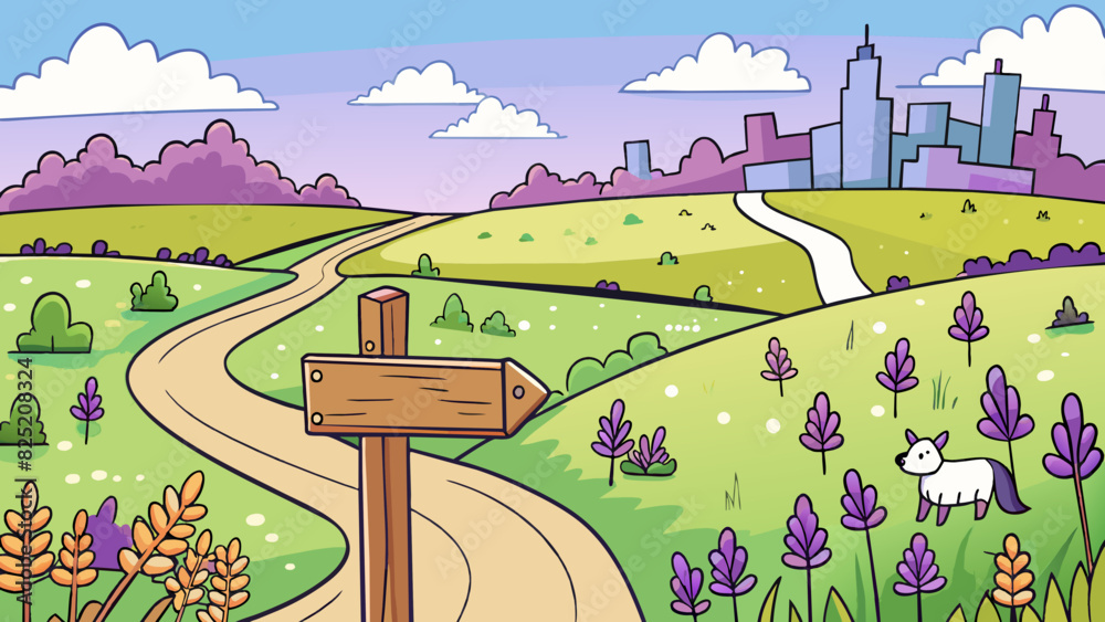 Poster on the side of the path a sign pointed away from the bustling city towards a quiet meadow tempting p