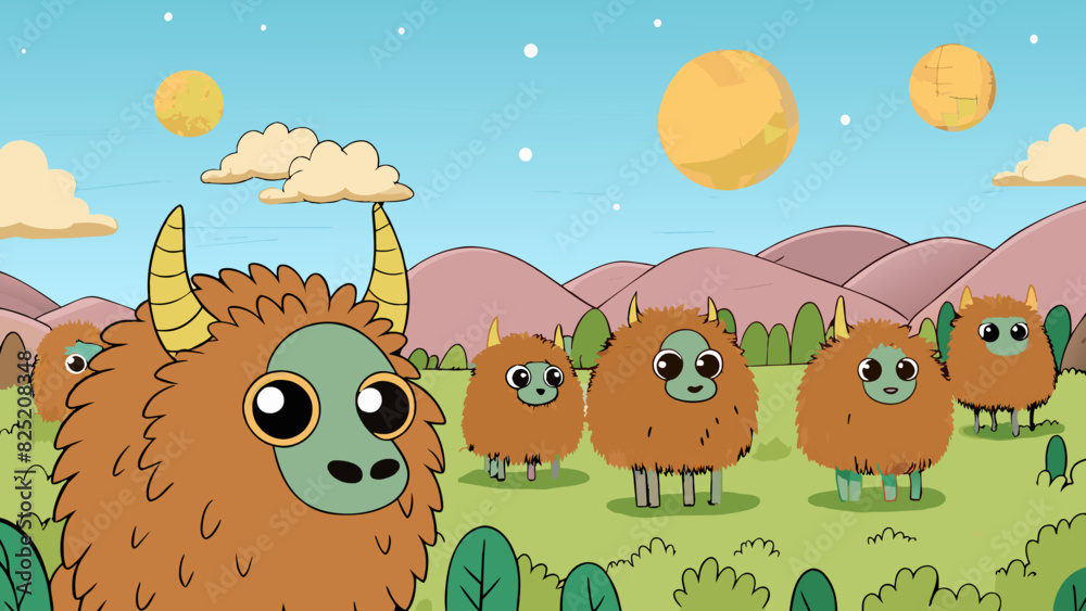 Poster On the plains of a faroff planet a herd of creatures graze on the sp vegetation. These furry fourlegged species have horns that curl gracefully. Cartoon Vector.