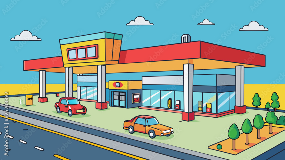 Aufkleber Our next stop is a gas station on the side of a busy highway. The main building is a large rectangular structure with bright lights and a large sign. Cartoon Vector.