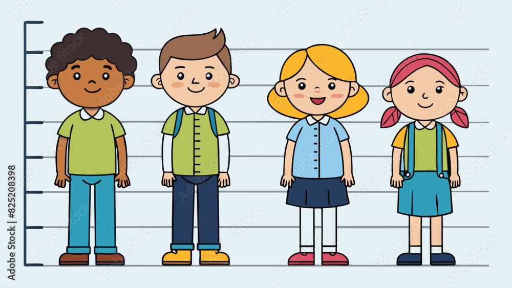 Poster Picture a group of students lined up in height order. The mean height would be represented by the student in the exact middle with an equal number of. Cartoon Vector.