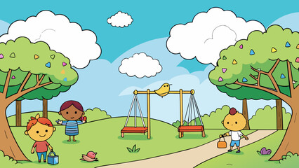 On the third day a blanket of fluffy white clouds covered the sky casting a soft light over the peaceful park. Children played on the swings and birds. Cartoon Vector.