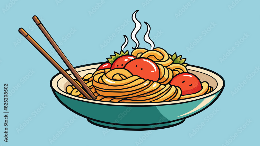 Poster plate of steaming hot noodles with a pair of chopsticks balanced on top. the noodles are long and th