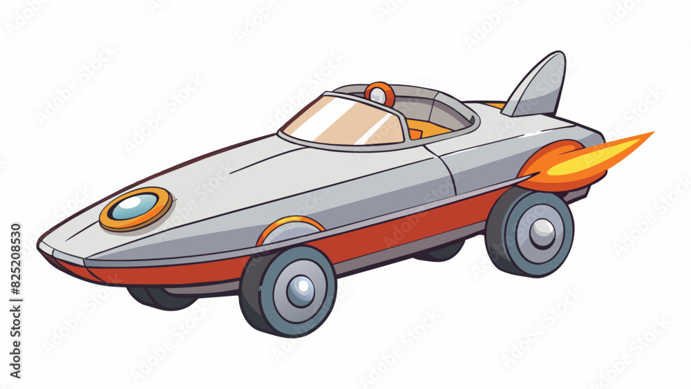 Poster Rocket Racer A sleek and aerodynamic toy car shaped like a spacecraft with two large wheels in the back and two smaller wheels in the front. It is. Cartoon Vector.