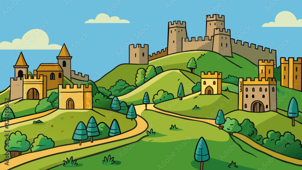 Aufkleber Rolling green hills dotted with ancient stone castles each with its own unique architecture and history.. Cartoon Vector.